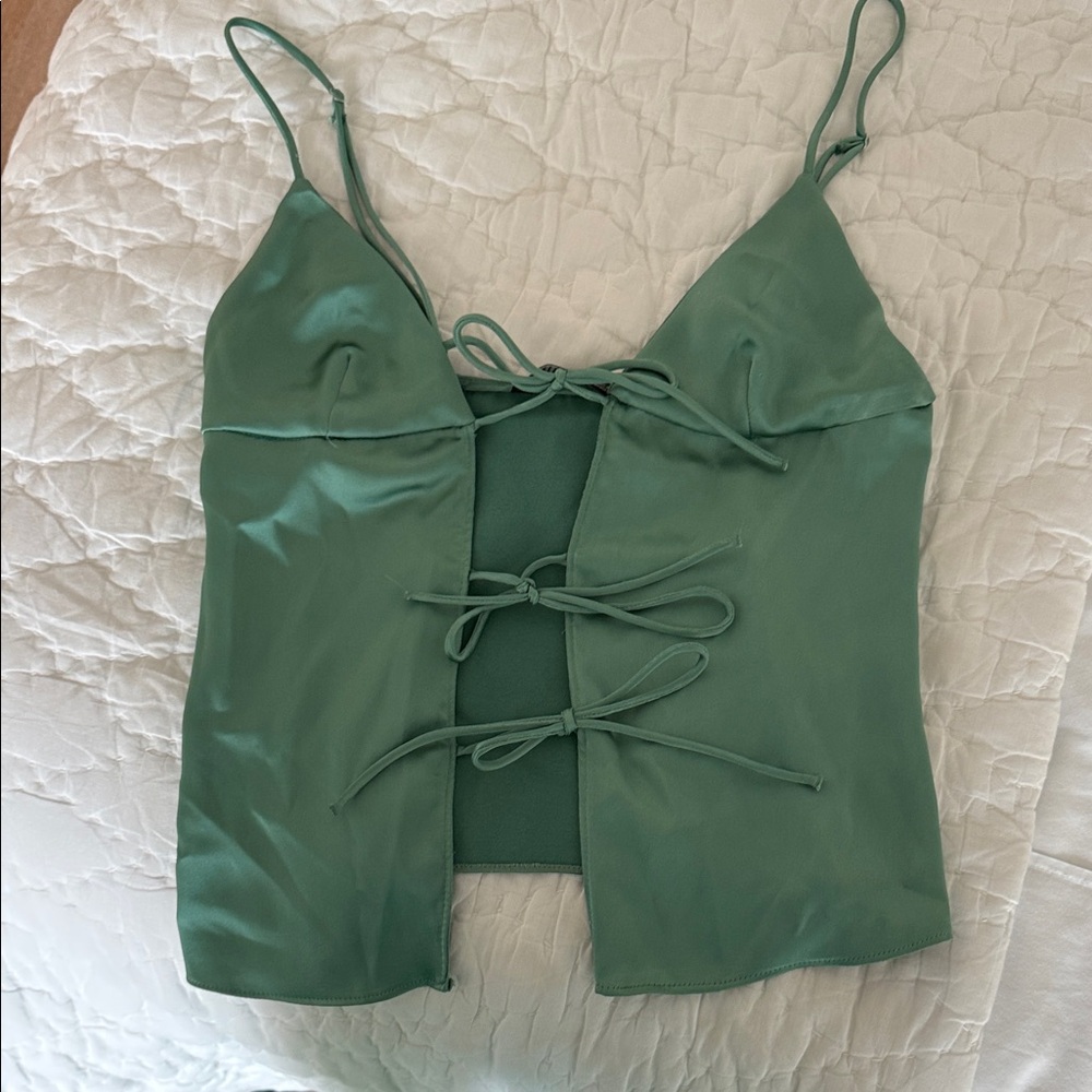 Zara Green Satin-Look Tie-Front Spaghetti Strap Cami